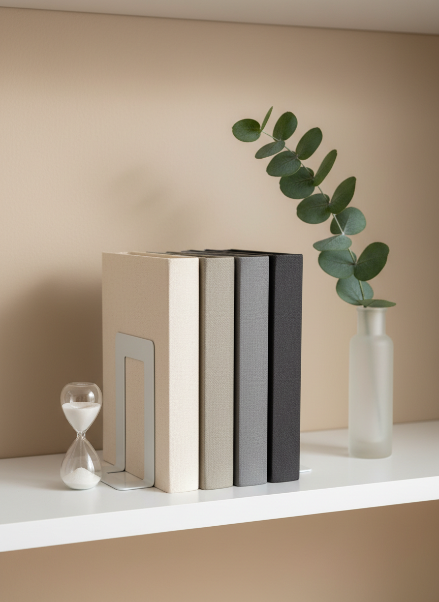 A calm, orderly shelf scene representing client journey and progression, featuring a row of three closed fabric-bound journals in graduated neutral tones—ivory, stone, and charcoal—standing upright between two minimalist white metal bookends. A small, clear hourglass with fine white sand sits to one side, while a single eucalyptus branch in a narrow frosted-glass cylinder adds a hint of organic form. The shelf is matte white against a soft beige wall. Gentle, overcast daylight from above and slightly to the left creates delicate, well-defined shadows. Photographed from eye level with a rule-of-thirds composition and moderate depth of field, the image conveys structure, continuity, and calm in a clean, modern, photographic style.