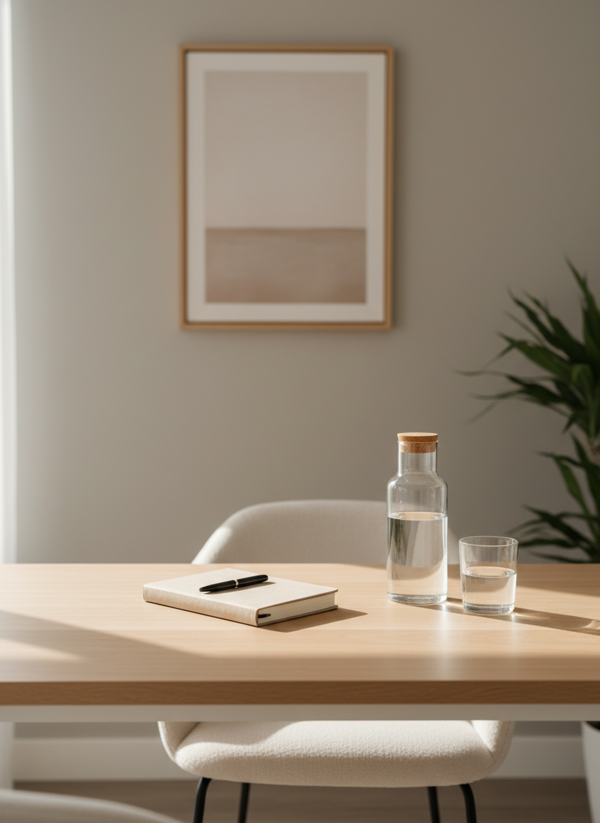 A meticulously arranged therapy consultation space without any people, featuring a light oak desk with a smooth matte finish, a closed notebook in soft beige linen, and a clear glass carafe beside a half-filled tumbler of water. The desk sits against a pale, warm gray wall with a single abstract print in muted sand and taupe tones. Soft, diffused daylight enters from an unseen window, casting gentle, elongated shadows and subtle reflections on the desk surface. Photographed at eye level with a slightly off-center composition and shallow depth of field, the background softly blurs, creating a calm, professional, and reassuring atmosphere in clean, photographic realism with a minimalist, corporate aesthetic.