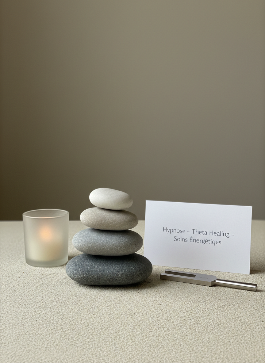 A close-up of three carefully placed smooth stones in shades of light gray, dove, and soft charcoal, stacked in a stable vertical balance on a pale sand-colored surface. Around them lie neatly arranged elements symbolizing therapeutic practices: a small frosted-glass candle unlit, a closed white card labeled “Hypnose – Theta Healing – Soins Énergétiques” in fine gray lettering, and a subtle silver tuning fork resting flat. The background transitions to a softly blurred neutral wall. Gentle, natural side light creates delicate highlights on the stone textures and soft shadows behind them. Captured from a slightly elevated angle with balanced composition, the image feels serene, precise, and professional, in clean, photographic realism.