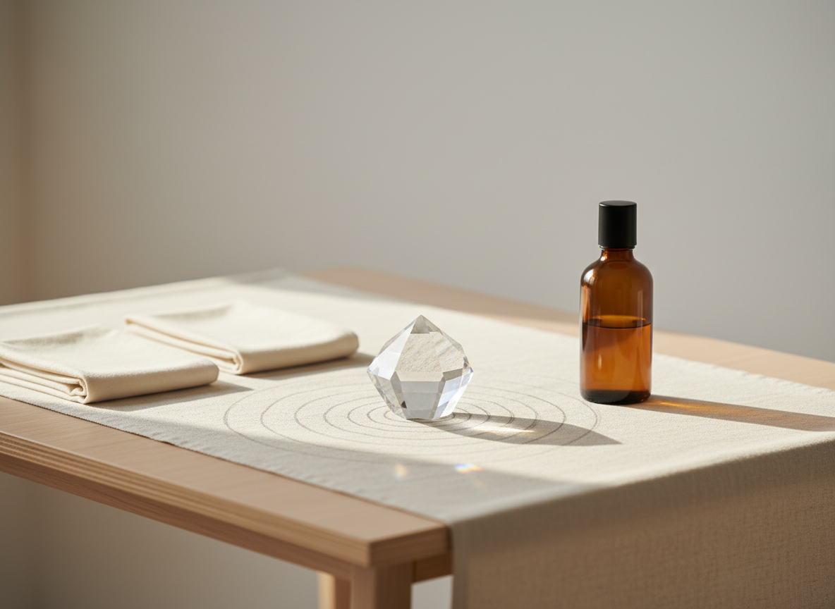 A symbolic visualization of energetic healing, showing a clear crystal prism placed at the center of a light beige linen cloth on a structured, pale wooden table. Around the prism radiate concentric, finely drawn circles in soft gray pencil, suggesting gentle waves of energy. Nearby rest two neatly folded ivory cotton cloths and a closed, unbranded amber glass bottle with a matte black cap. The background fades into a neutral off-white wall. Warm, diffused light from the right creates subtle prismatic reflections and soft, elongated shadows. Photographed at eye level with the prism slightly off-center, the shallow depth of field keeps the focus on the crystal while softly blurring the edges, conveying a serene, precise, and professional mood in clean photographic realism.
