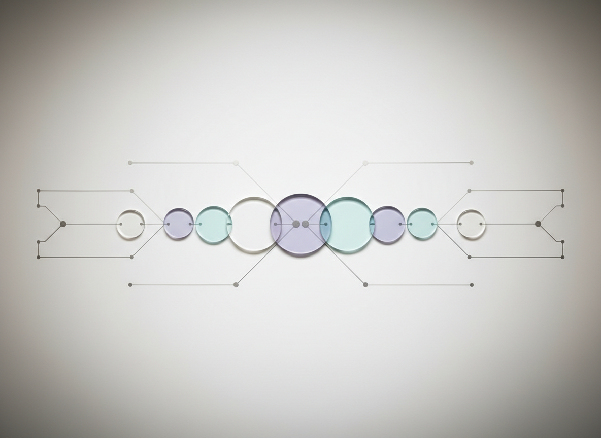 An abstract representation of theta healing as energy alignment, shown through a clean, clinical arrangement of translucent acrylic discs in soft gradients of white, pale aqua, and muted lavender, precisely aligned along a central axis on a matte white surface. Surrounding them are thin metallic lines embedded in the surface, converging toward the discs like subtle pathways. The background is a smooth, light taupe wall with a slight vignette effect. Cool, diffused studio lighting from above creates gentle reflections and soft, controlled shadows, emphasizing the geometry. Captured from directly above with symmetrical composition and crisp focus, the image feels refined, methodical, and contemplative, with a modern, corporate, photographic aesthetic.
